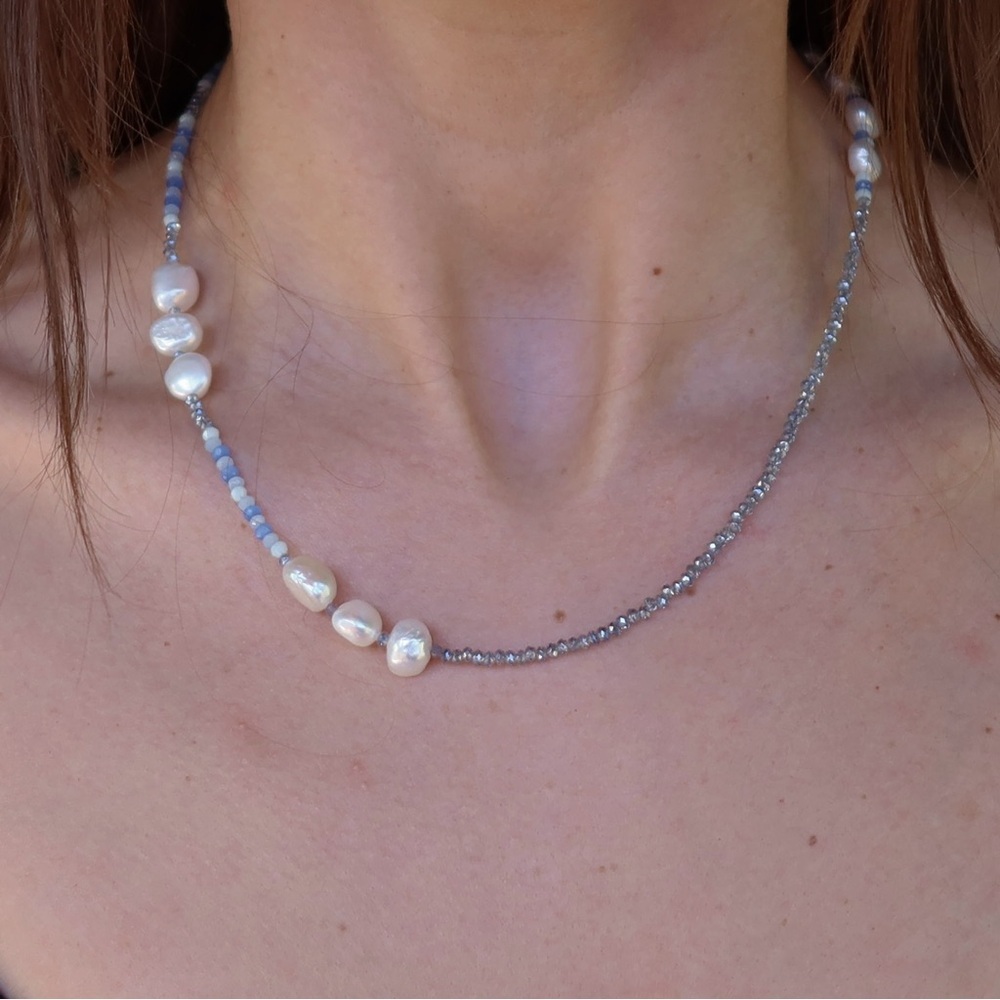Handmade Freshwater Pearl & Genuine Crystal Necklace | Blue Accent | Gold Toggle - Picture 1 of 6